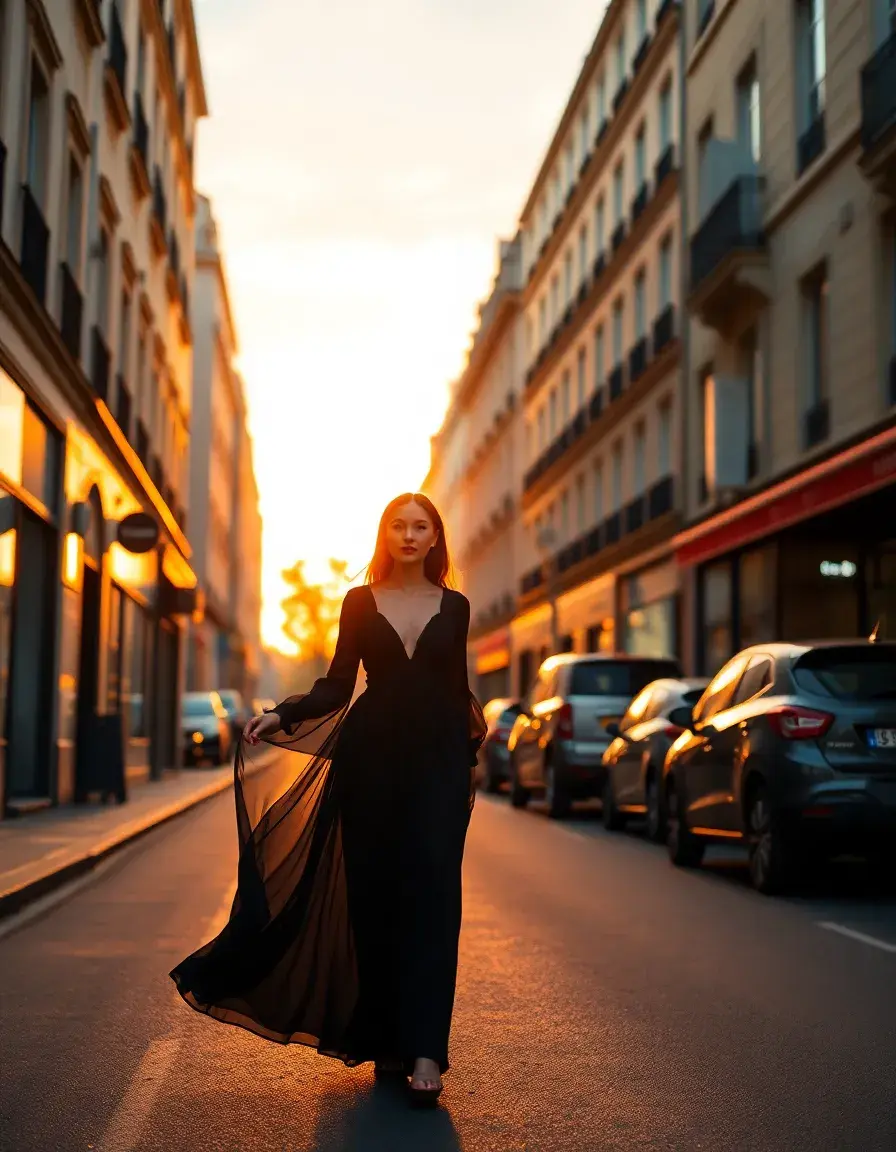 Femme élégante portant une robe noire longue vaporeuse dans une rue chic