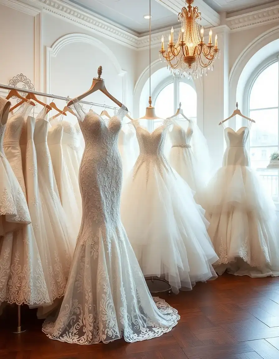 Différents styles de robe de mariée élégante exposés dans une boutique lumineuse.