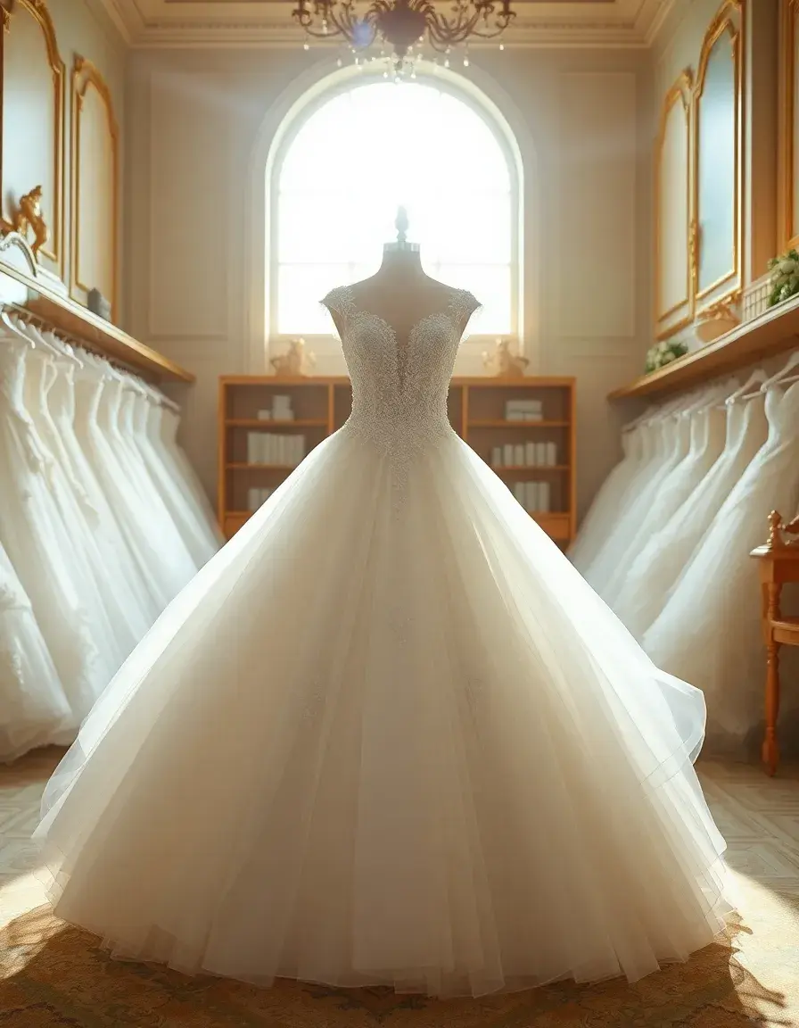 Une somptueuse robe princesse mariage avec jupe en tulle et corsage en dentelle dans une boutique lumineuse.