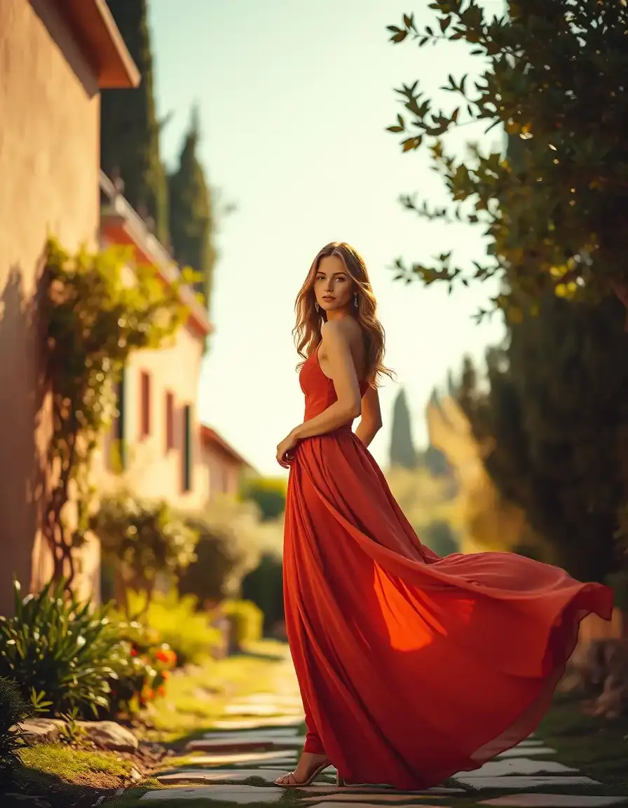 Femme élégante portant une robe terracotta mariage dans un jardin ensoleillé