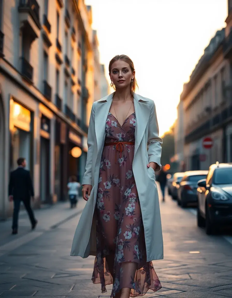 Femme élégante portant une robe transparente à fleurs dans une rue de Paris au coucher du soleil