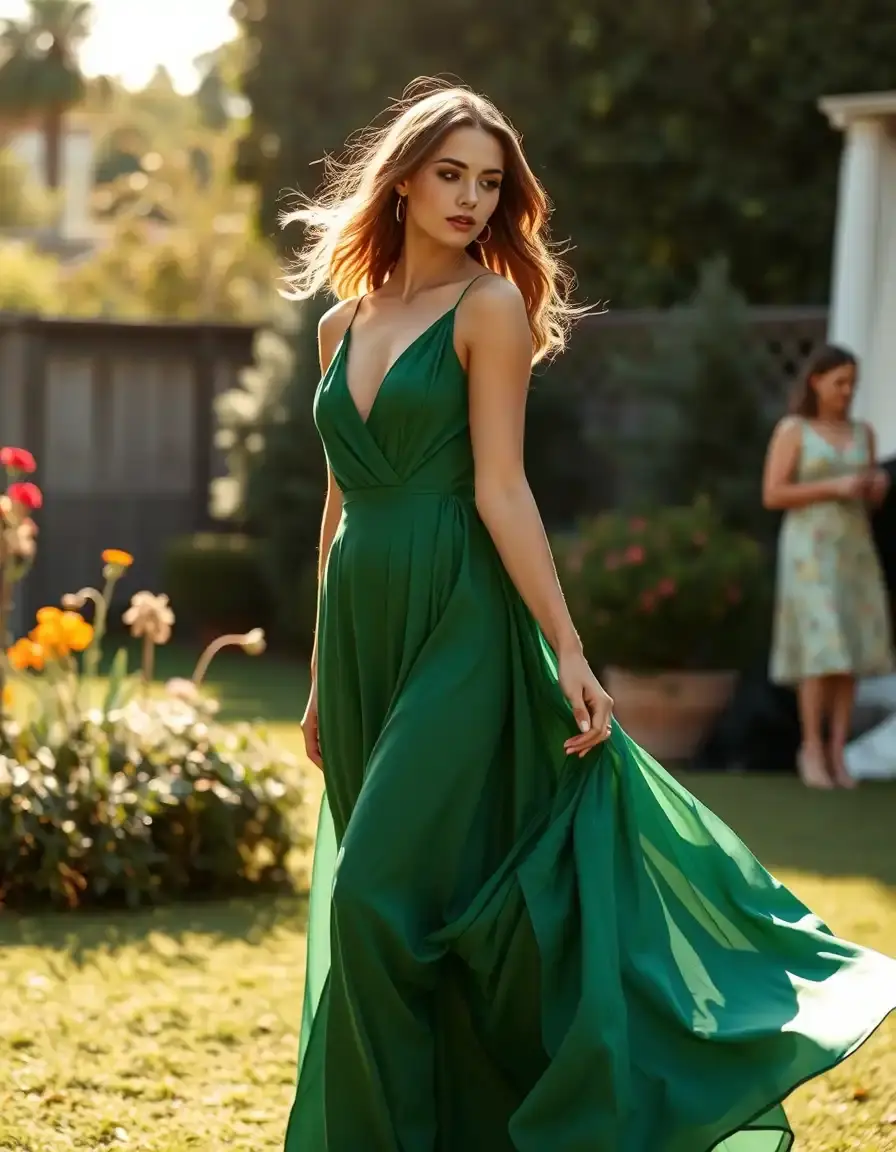Femme élégante portant une robe de mariage verte dans un jardin ensoleillé