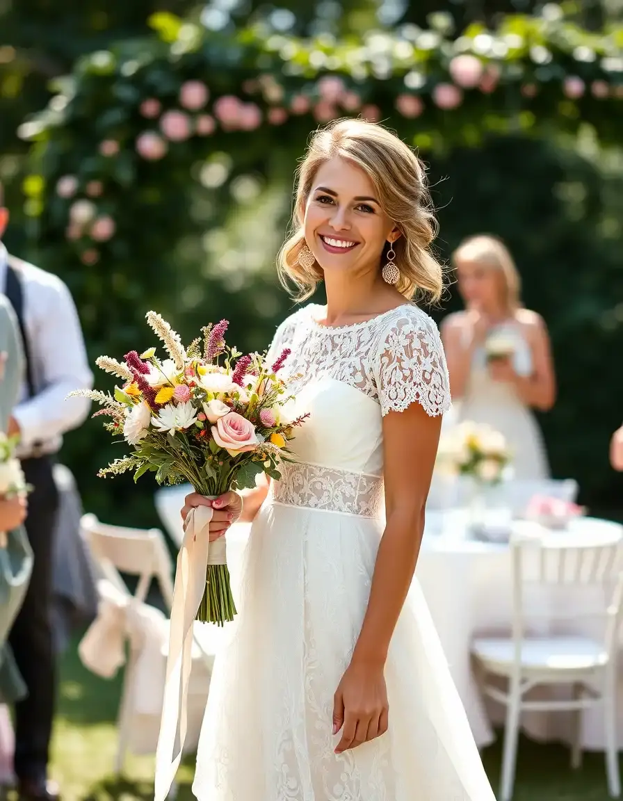 Femme portant une robe courte mariage en dentelle dans un jardin ensoleillé