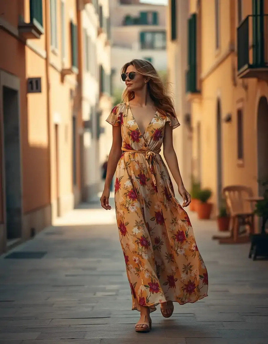 Femme souriante portant une robe d'été fleurie dans une rue ensoleillée.