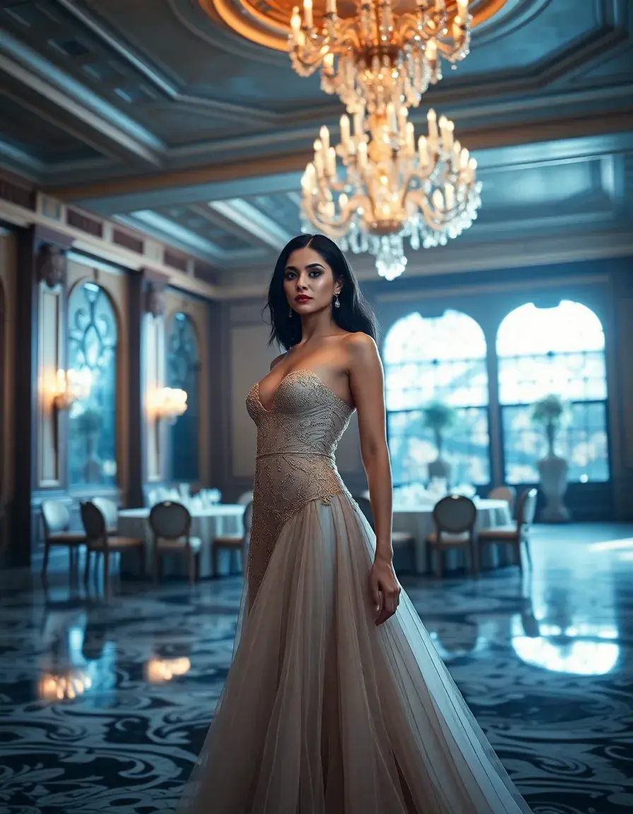 Femme élégante portant une robe de soirée chic et classe dans un salon luxueux