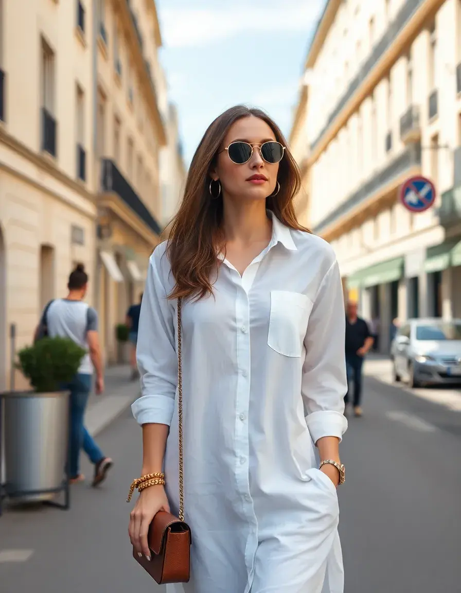 Femme élégante portant une chemise robe blanche dans une rue ensoleillée