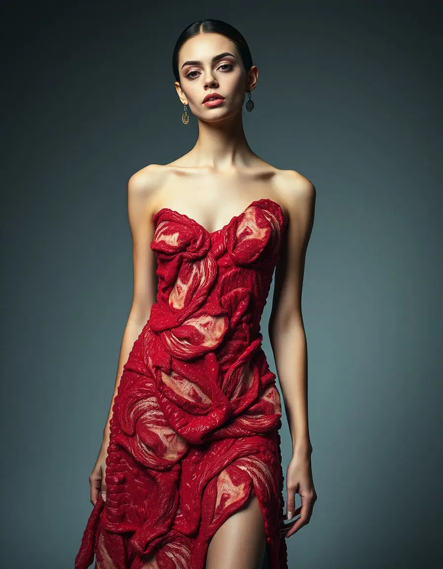 Mannequin portant une robe rouge texturée style avant-garde inspirée par Lady Gaga