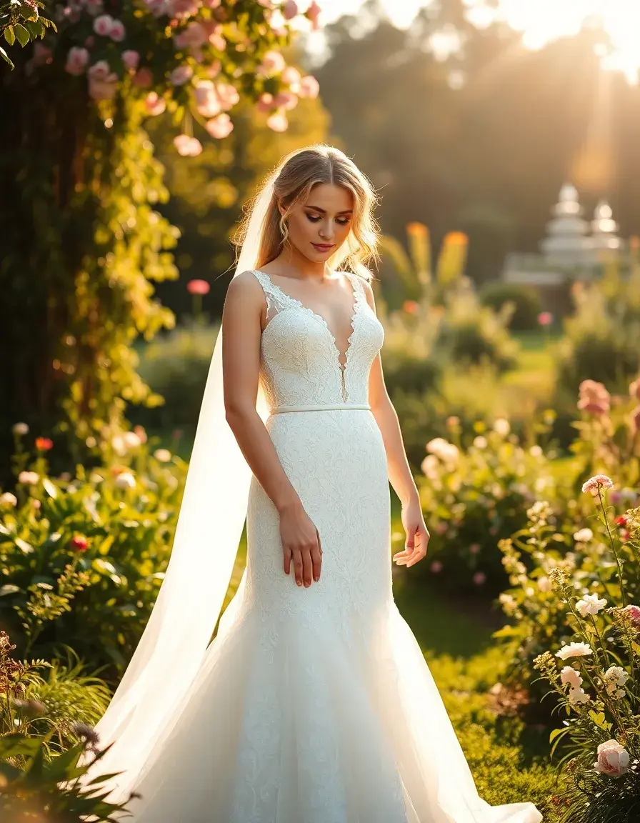 Mariée souriante portant une robe de mariée en dentelle abordable dans un jardin ensoleillé