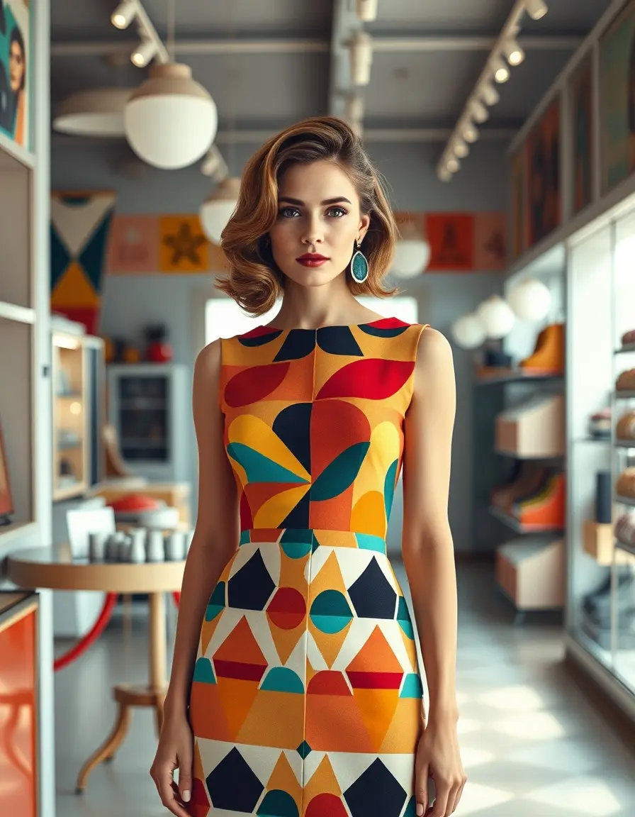 Femme élégante portant une robe année 60 style mod à motifs géométriques