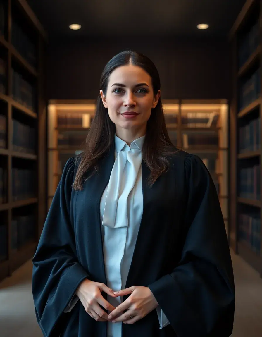 Avocate élégante portant une robe avocat noire classique dans une bibliothèque juridique.