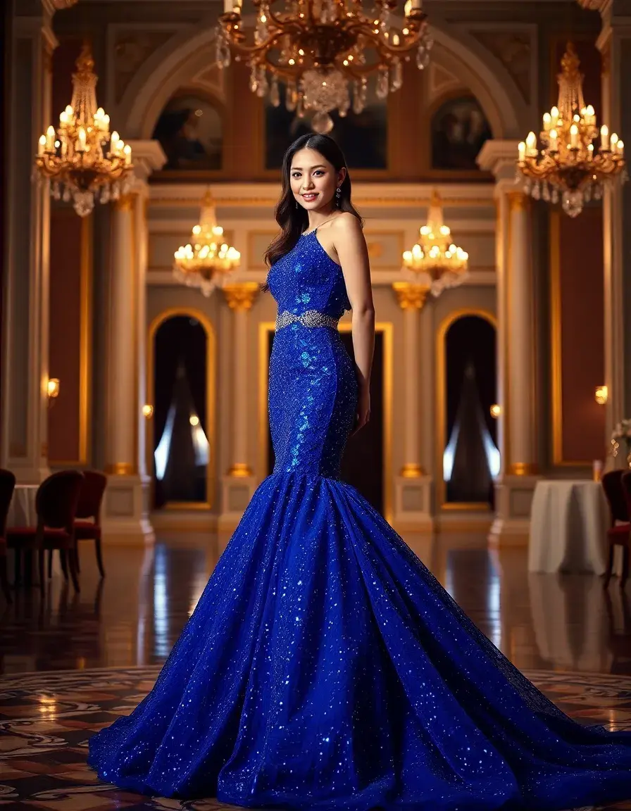 Une jeune femme élégante portant une robe bal de promo scintillante bleue dans une salle de réception.