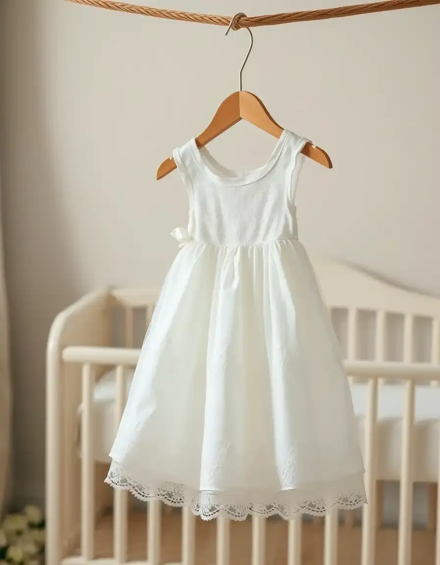 Robe baptême fille en dentelle blanche suspendue dans une chambre lumineuse.