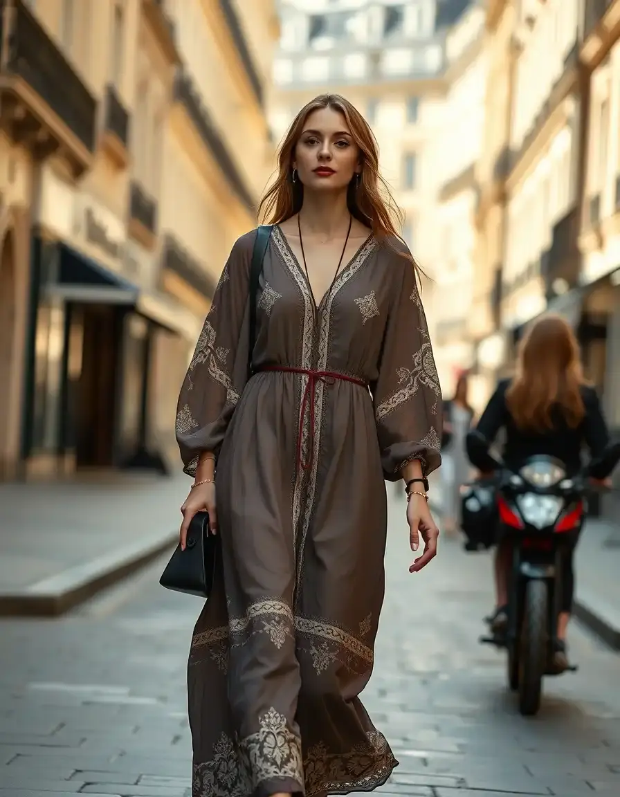 Femme stylée portant une robe chasuble moderne dans une rue ensoleillée