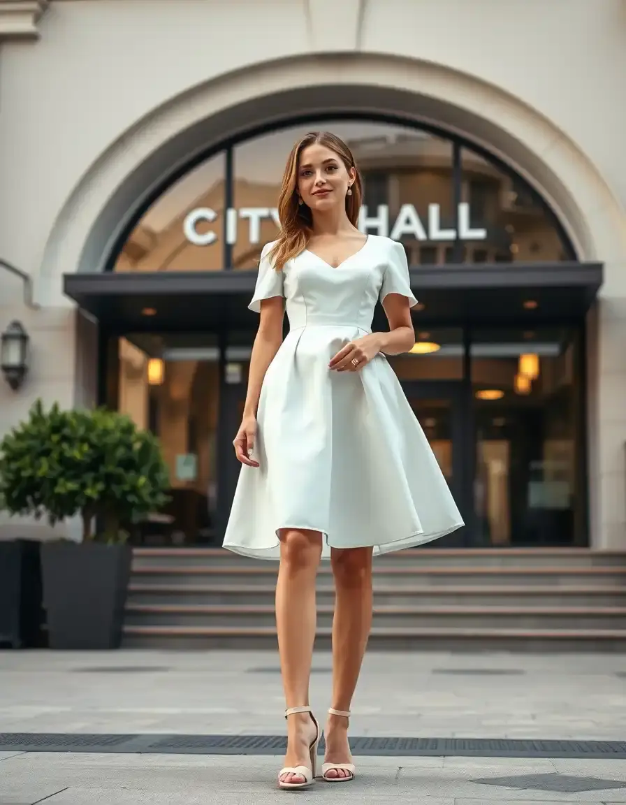 Femme élégante portant une robe civile mariage blanche devant une mairie moderne
