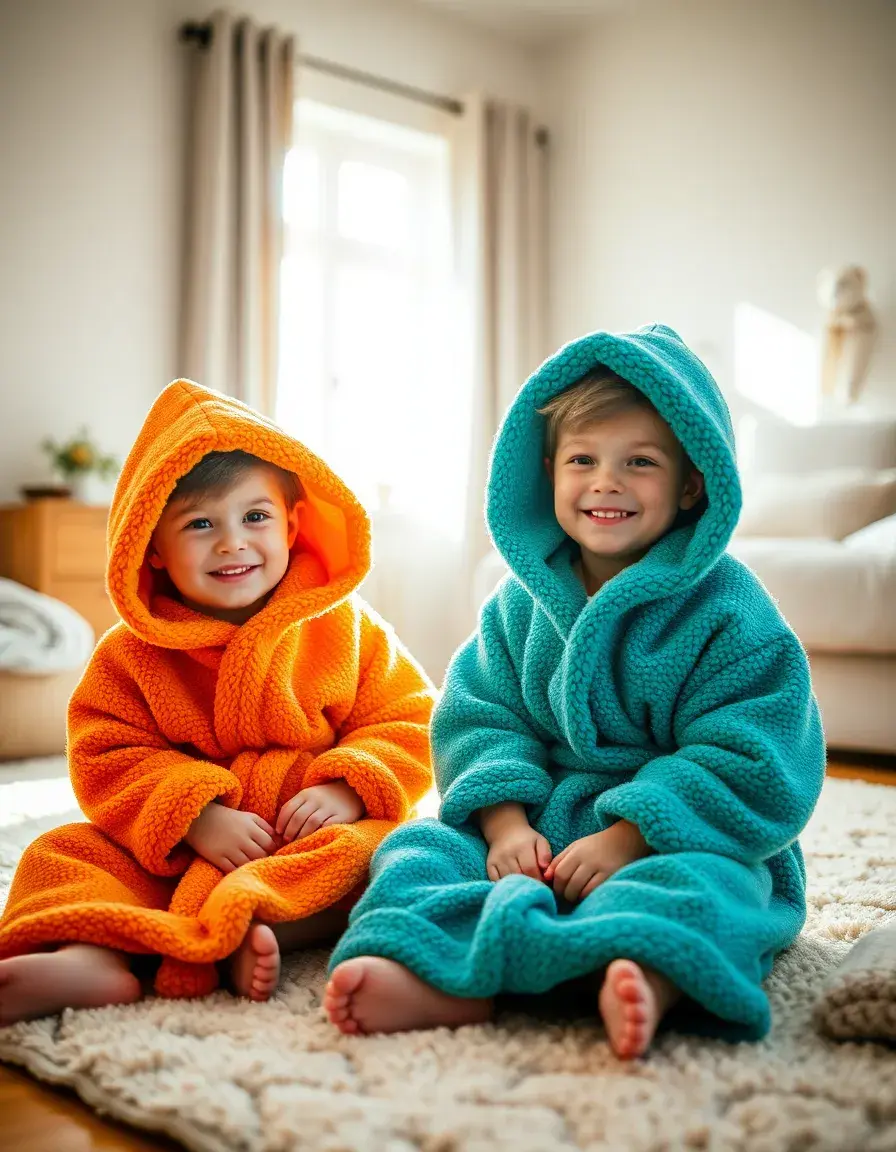 Deux enfants portant des robes de chambre douillettes et colorées dans une chambre lumineuse