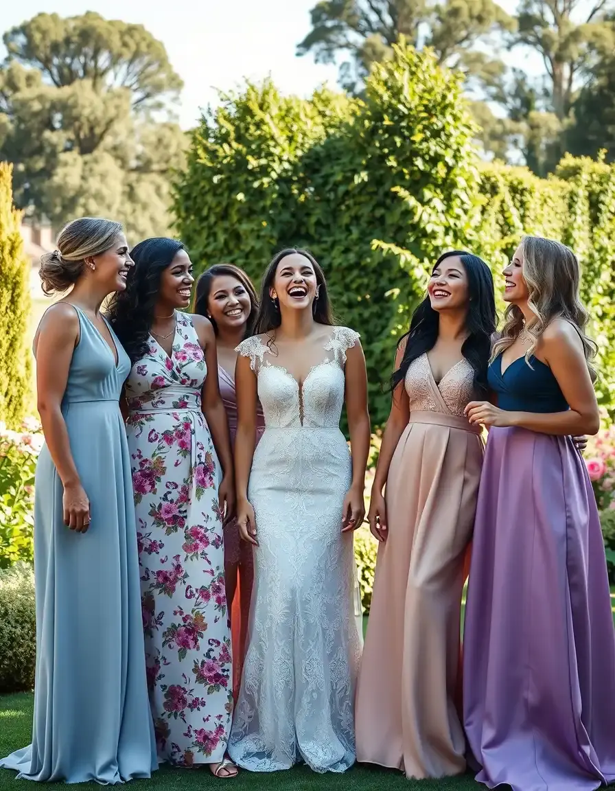 Groupe de femmes élégantes portant différentes robes de mariage pour invités dans un jardin
