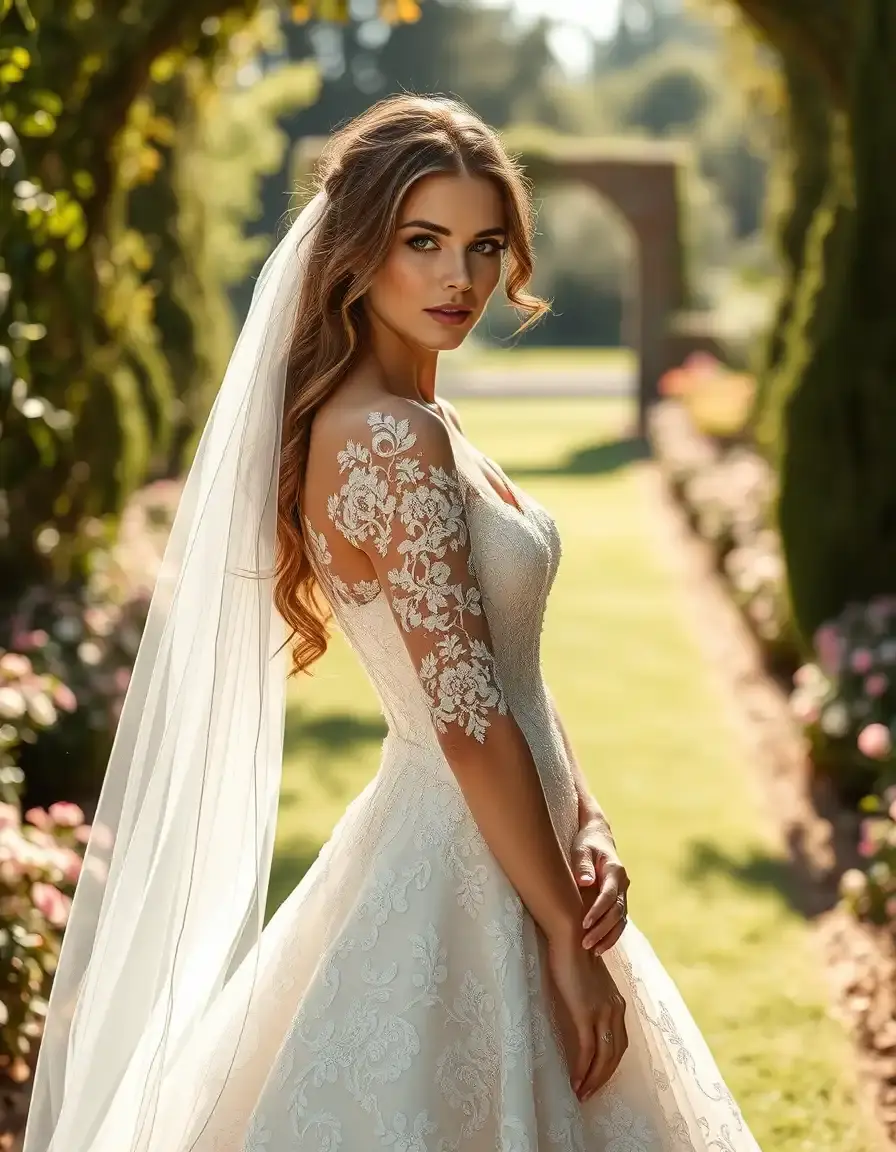 Mariée élégante portant une robe de mariée pas chère en dentelle dans un jardin