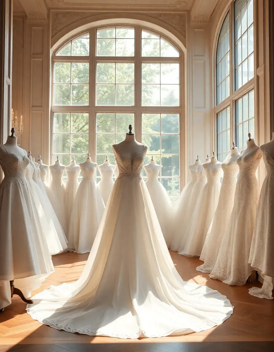 Boutique de luxe avec plusieurs styles de robe de mariée blanches élégantes