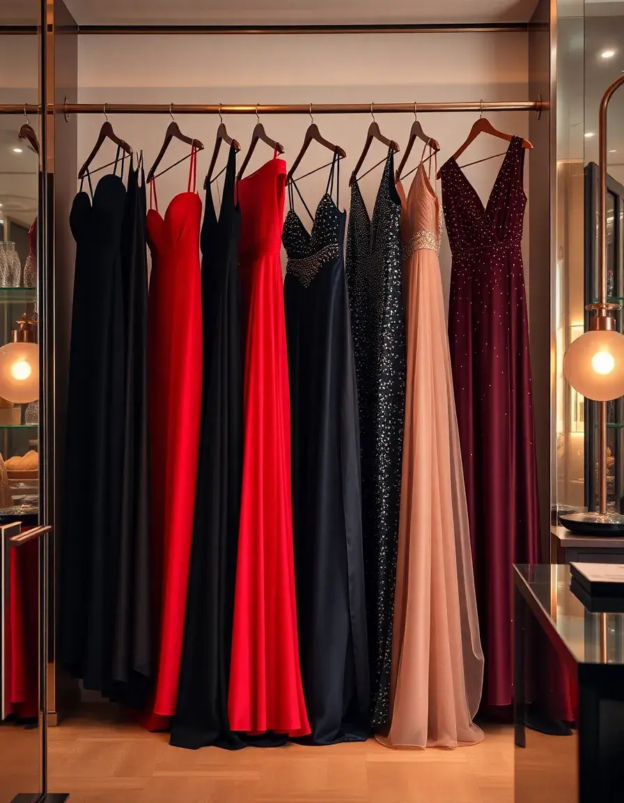 Collection de robes de soirée classe chic élégantes dans une boutique de luxe