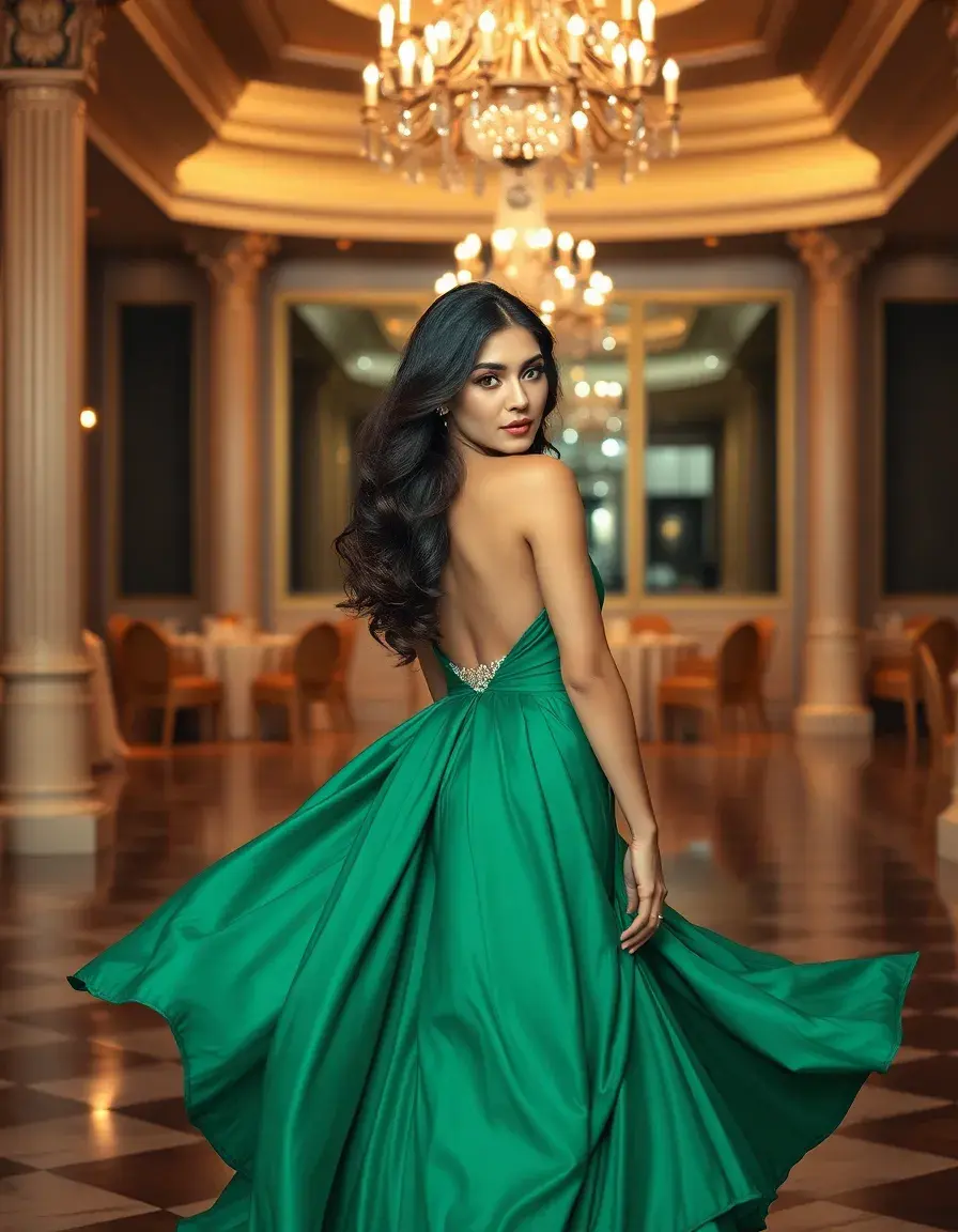 Femme élégante portant une robe de soirée longue vert émeraude dans un salon de luxe