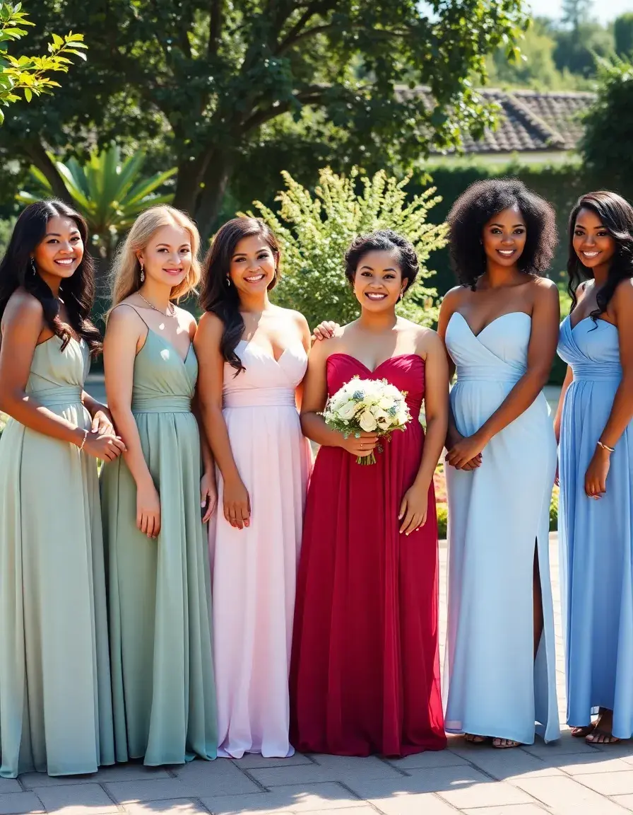 Groupe de demoiselles d'honneur portant des robes coordonnées dans un jardin de mariage ensoleillé