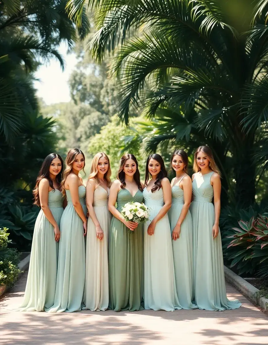 Groupe de demoiselles d'honneur portant des robes demoiselle d'honneur vert sauge dans un jardin