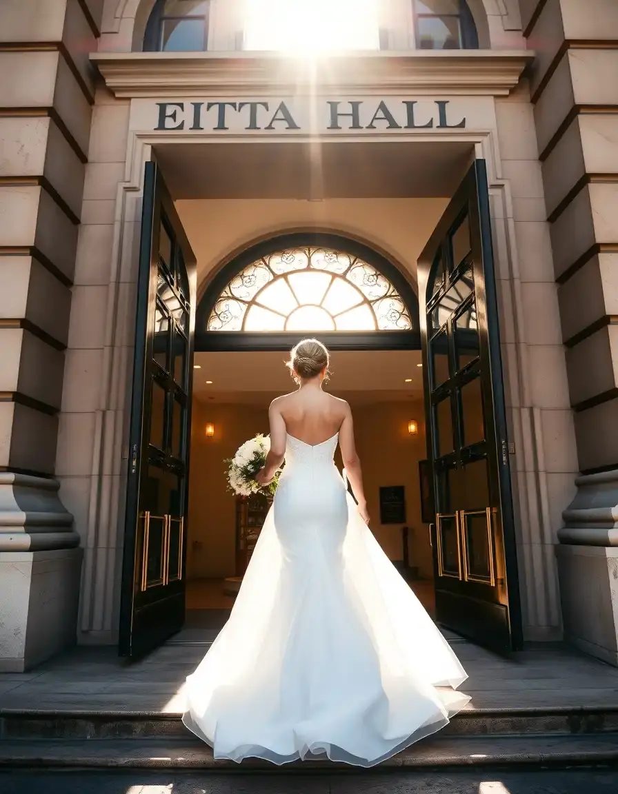 Mariée élégante en robe du mariage civil devant la mairie