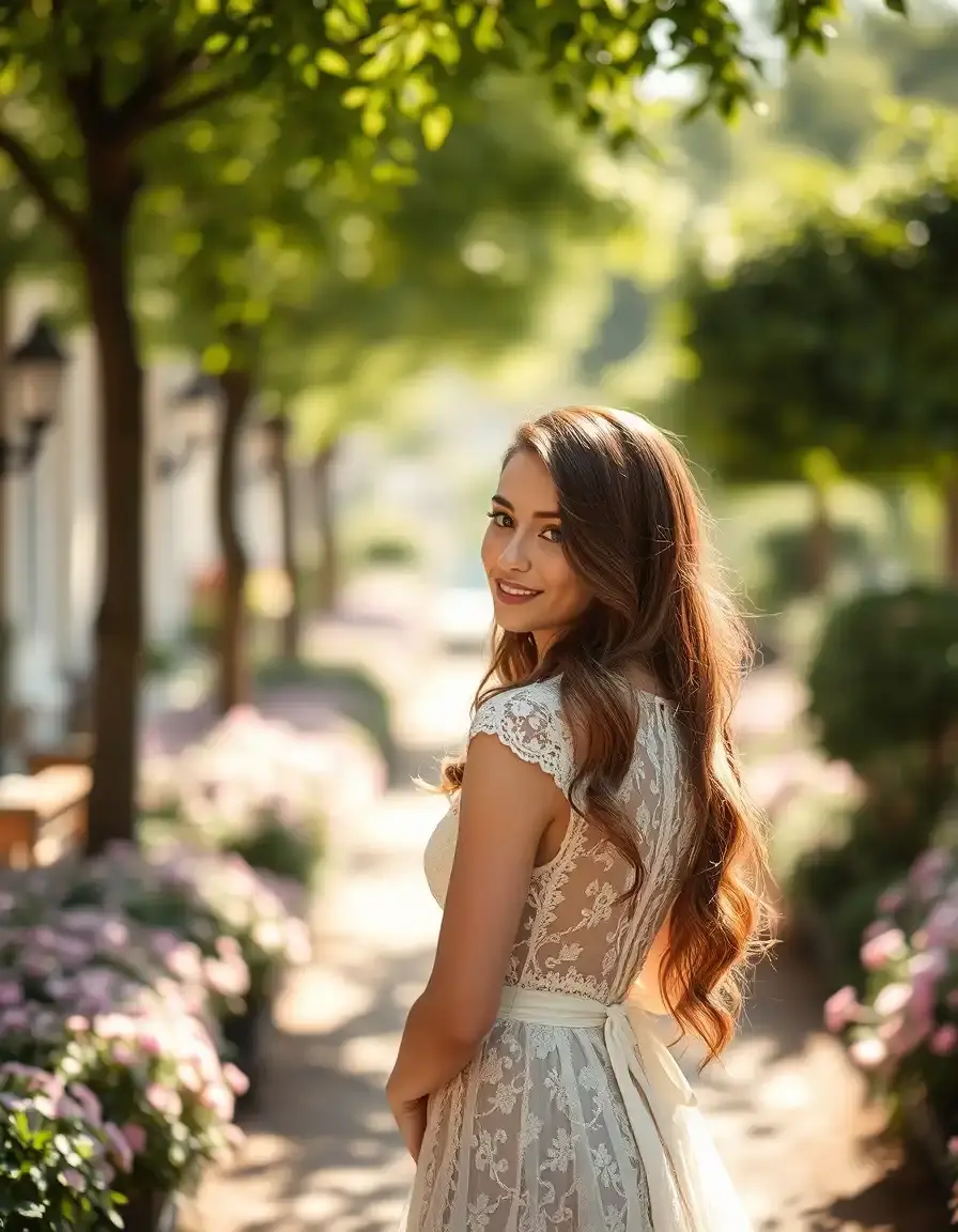Femme portant une robe en dentelle blanche romantique dans un jardin ensoleillé