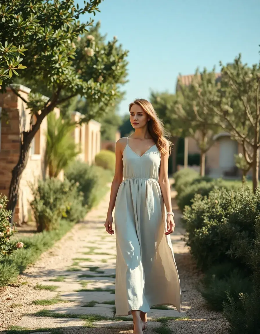 Femme élégante portant une robe en lin beige dans un jardin ensoleillé.