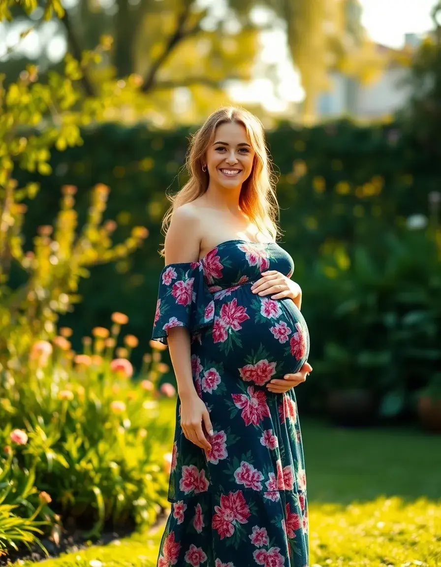 Femme enceinte portant une robe femme enceinte élégante dans un jardin ensoleillé
