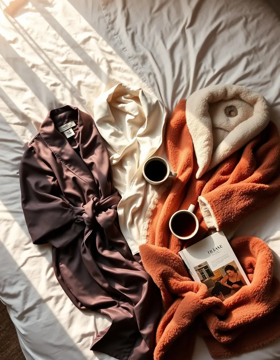 Collection de robes de chambre pour femme élégantes sur un lit douillet