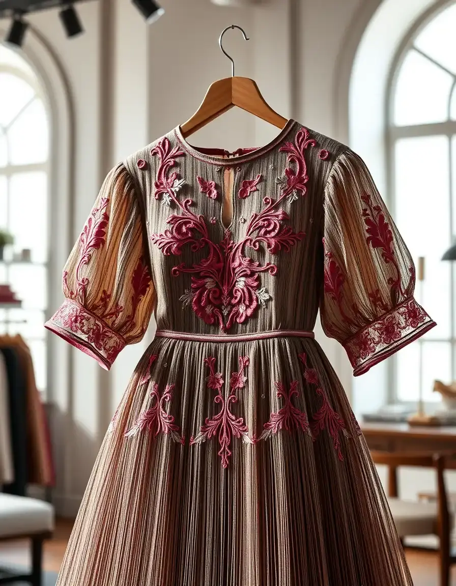 Une robe artistique avec des détails de fils brodés complexes sur un fond élégant