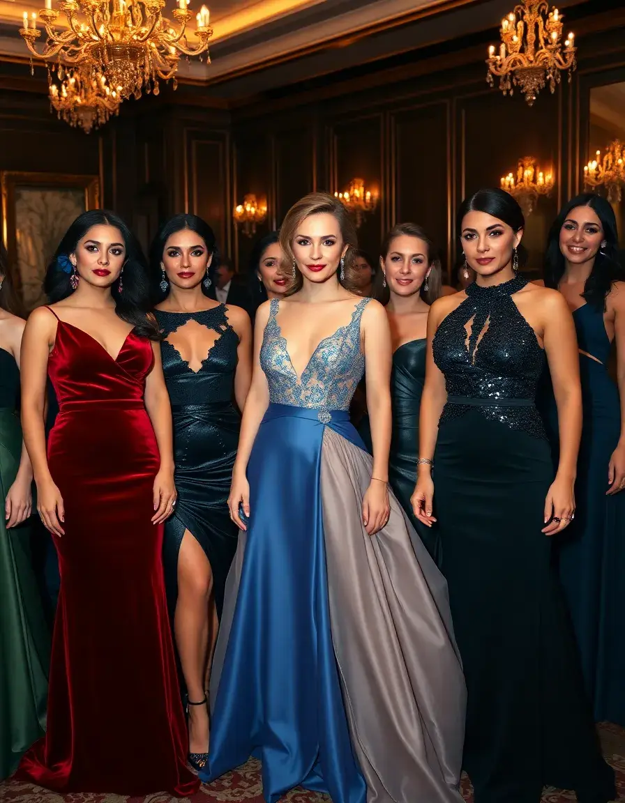 Femmes élégantes portant différentes robes de gala lors d'un événement formel chic.