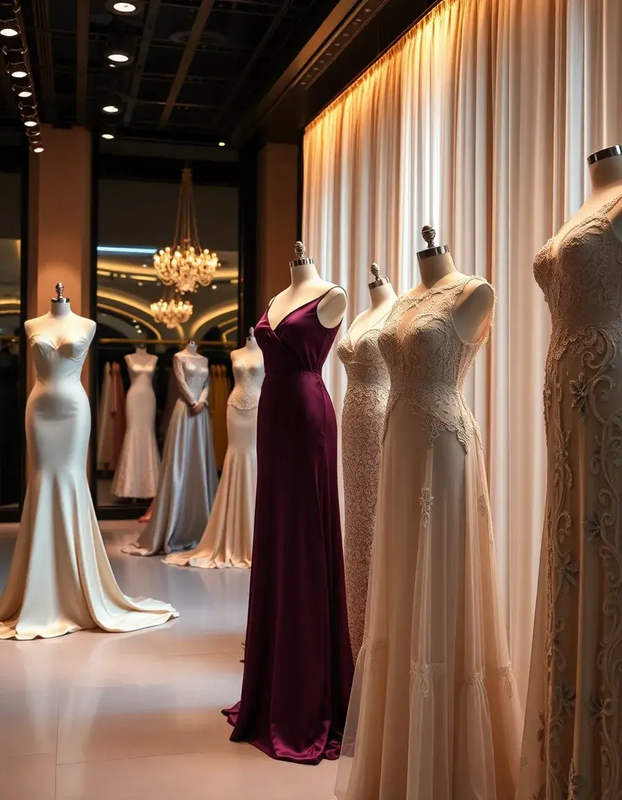 Boutique de mode élégante exposant des robes de cérémonie chic pour femme