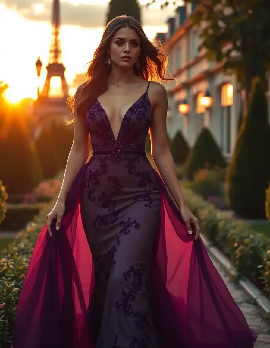 Femme élégante portant une robe habillée luxueuse dans un jardin parisien