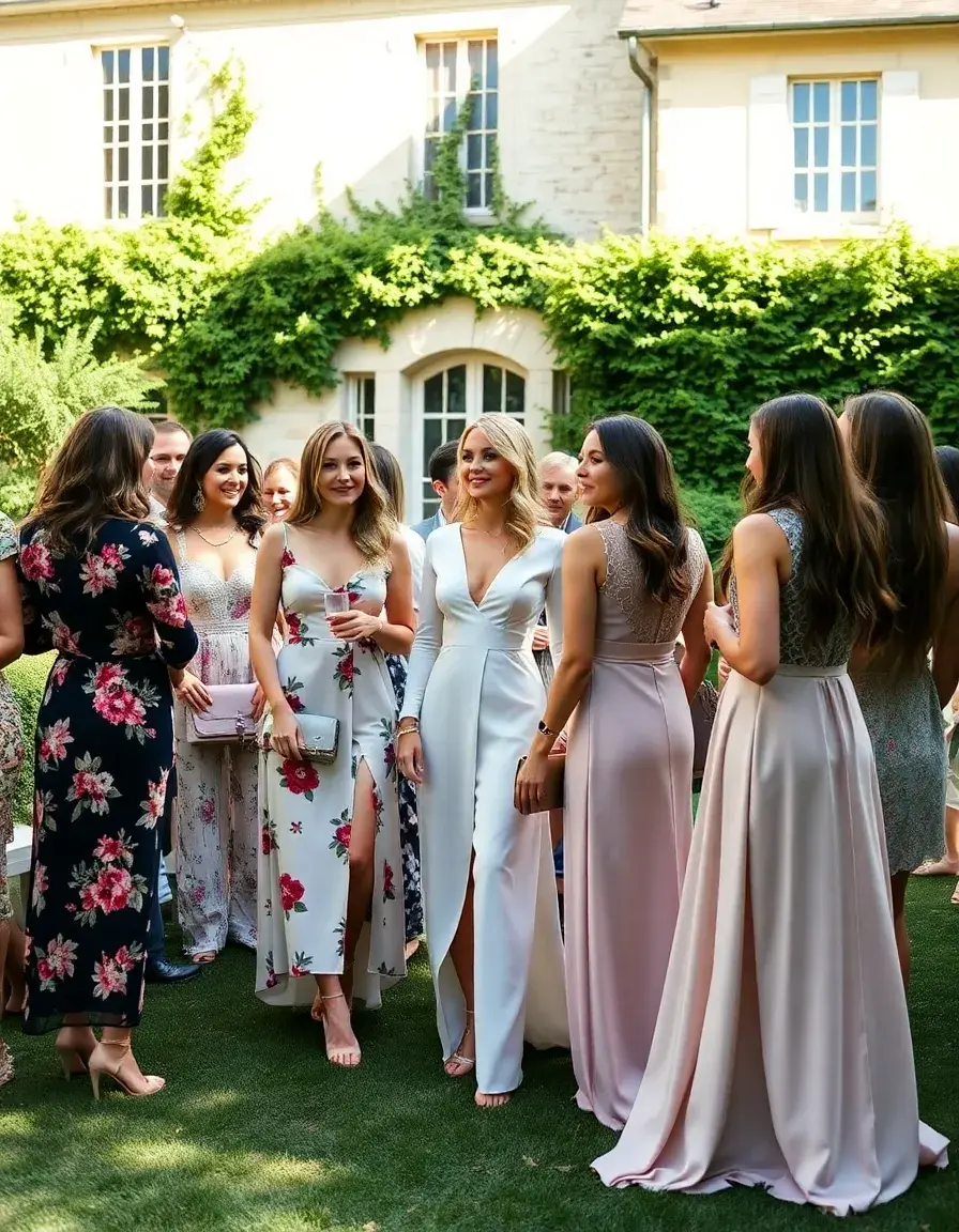 Groupe de femmes élégantes portant différentes robes invité mariage dans un jardin ensoleillé