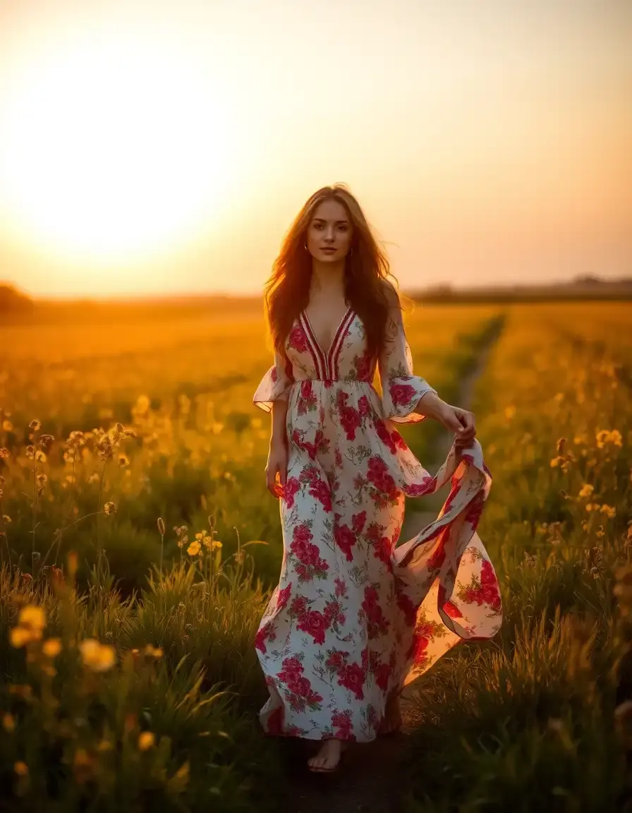 Femme portant une robe longue bohème fleurie dans un champ au coucher du soleil