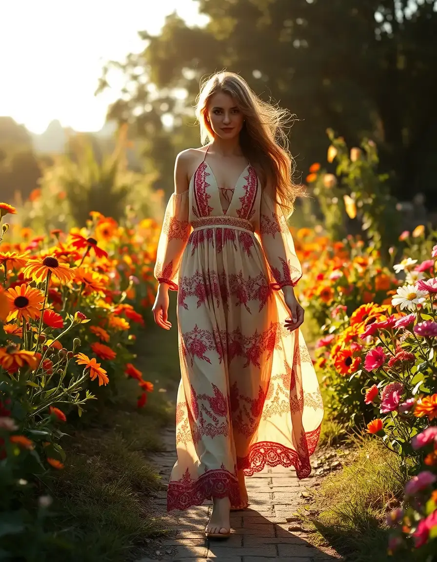 Femme portant une robe longue bohème artistique dans un jardin ensoleillé