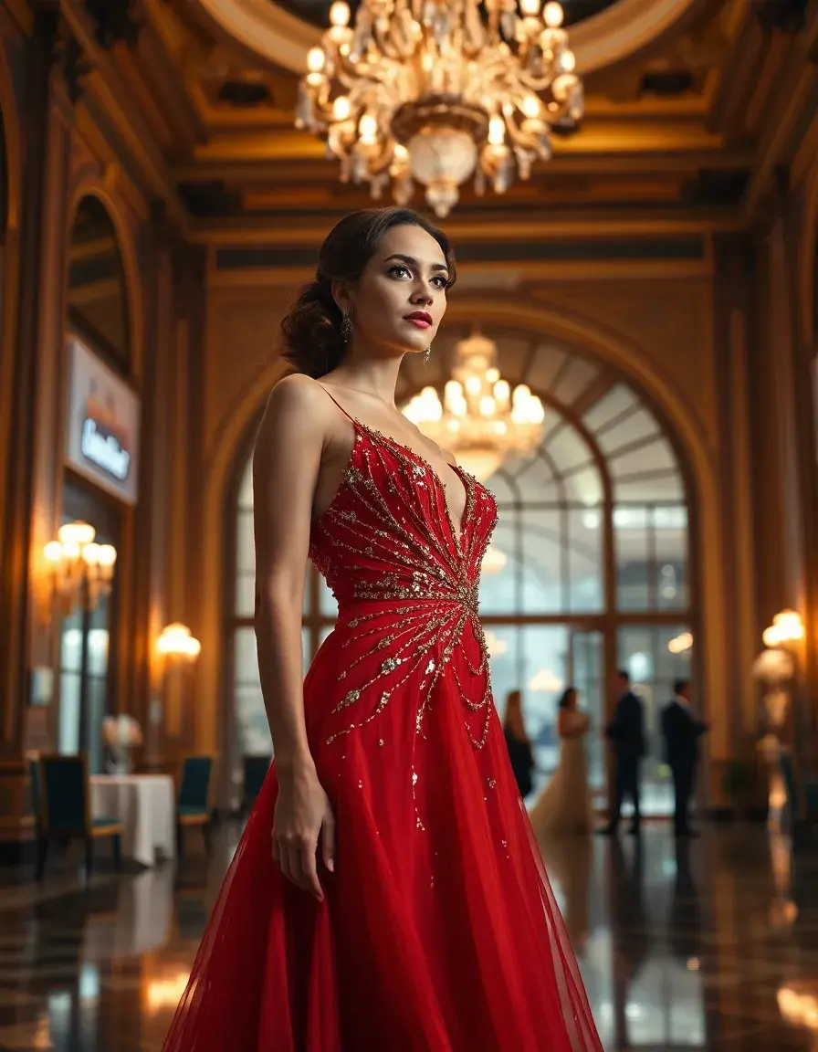 Femme élégante en robe de soirée scintillante argentée dans un décor de luxe