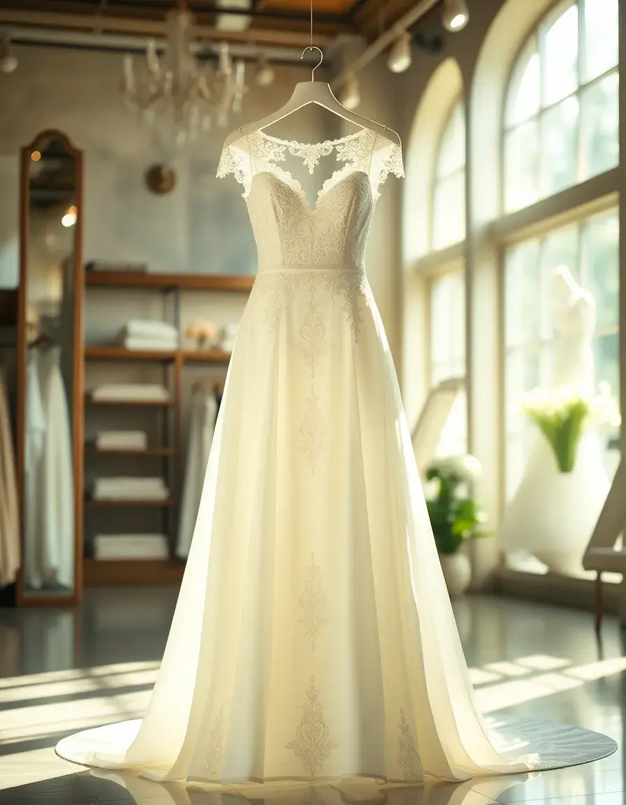 Robe de mariage élégante en dentelle exposée dans une boutique lumineuse