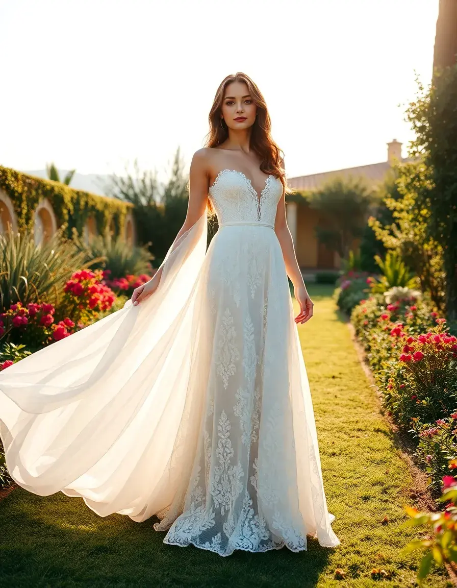 Une femme élégante portant une robe longue mariage en dentelle dans un jardin ensoleillé.