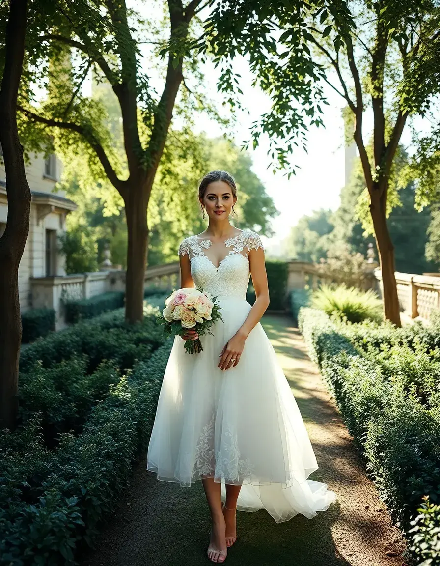Mariée moderne portant une élégante robe de mariée courte en dentelle dans un jardin