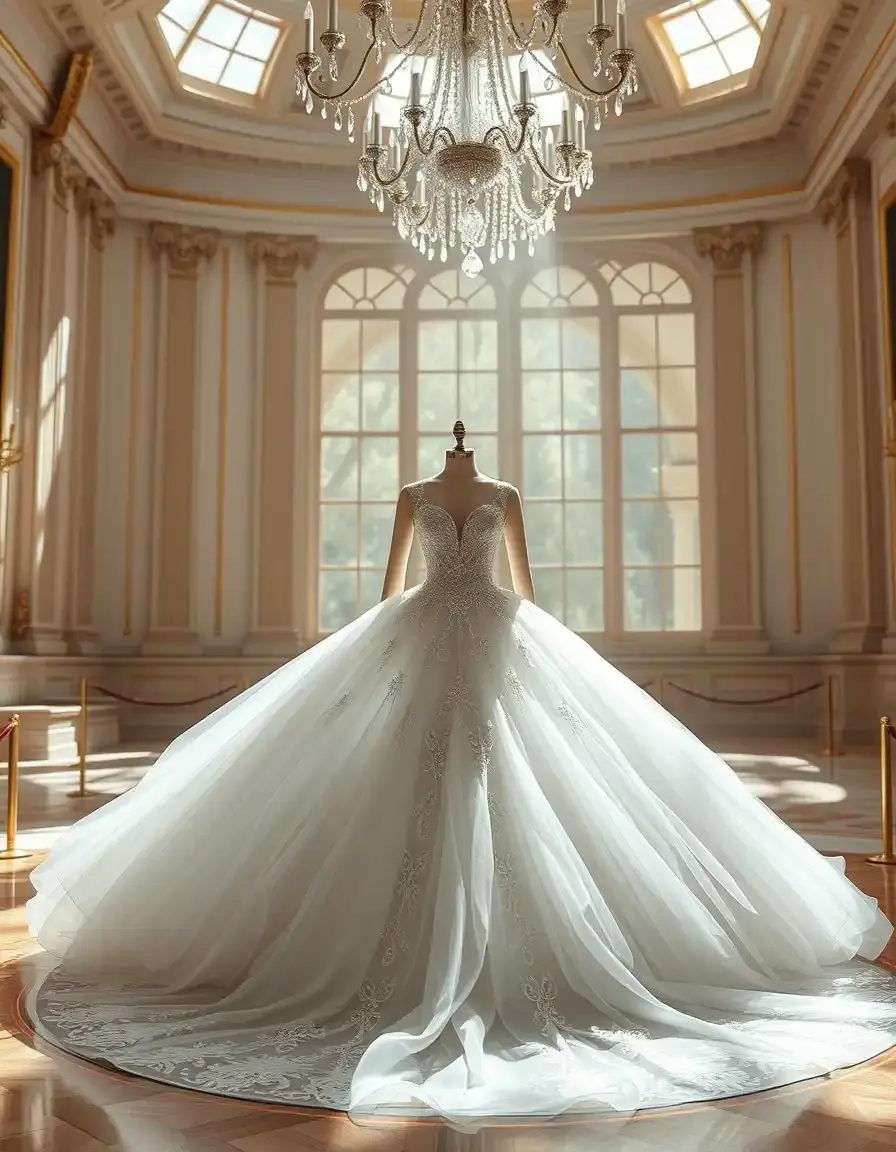 Robe mariée princesse somptueuse avec jupon volumineux en dentelle dans un salon de luxe.