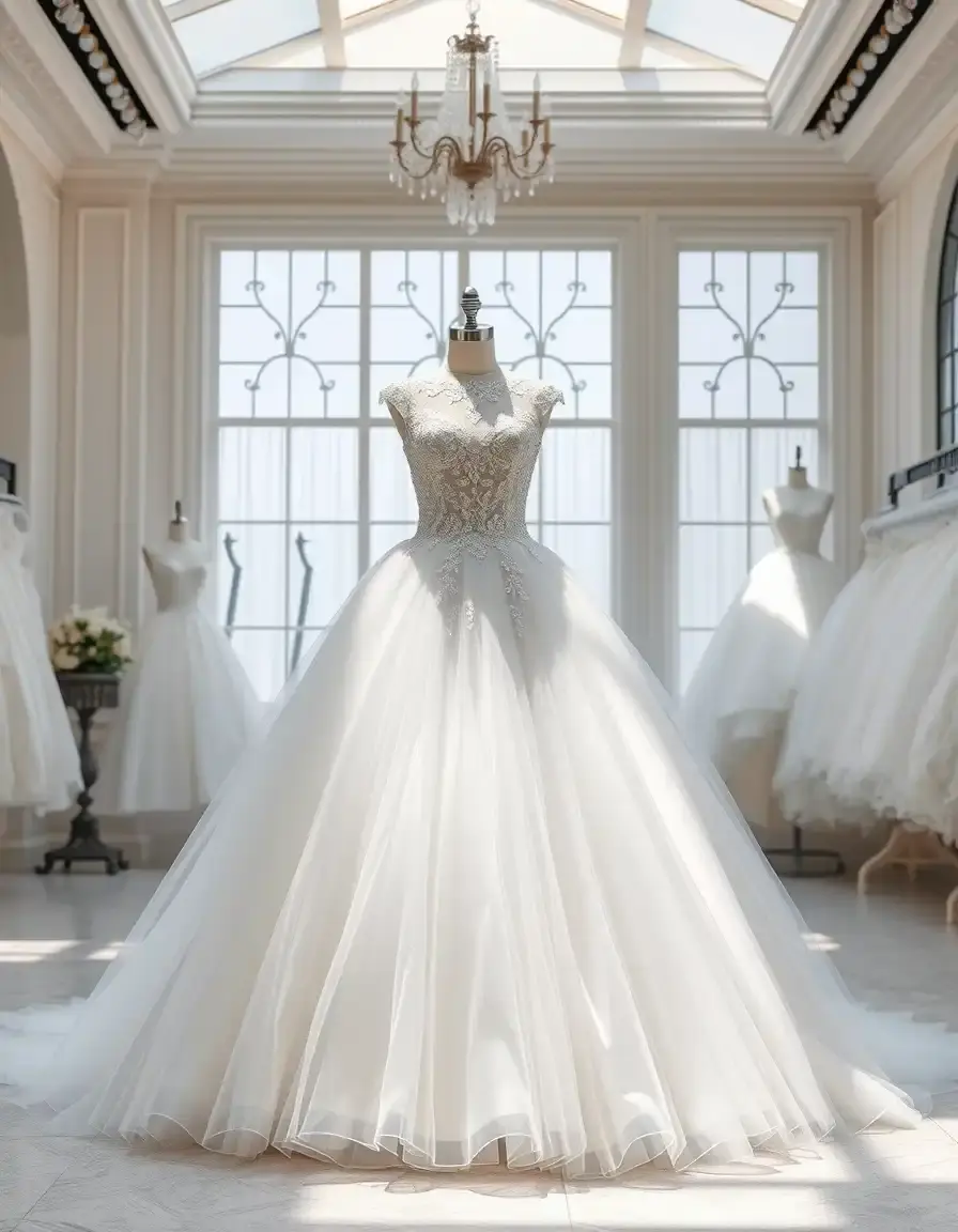 Une magnifique robe de mariée princesse avec jupe en tulle dans une boutique lumineuse