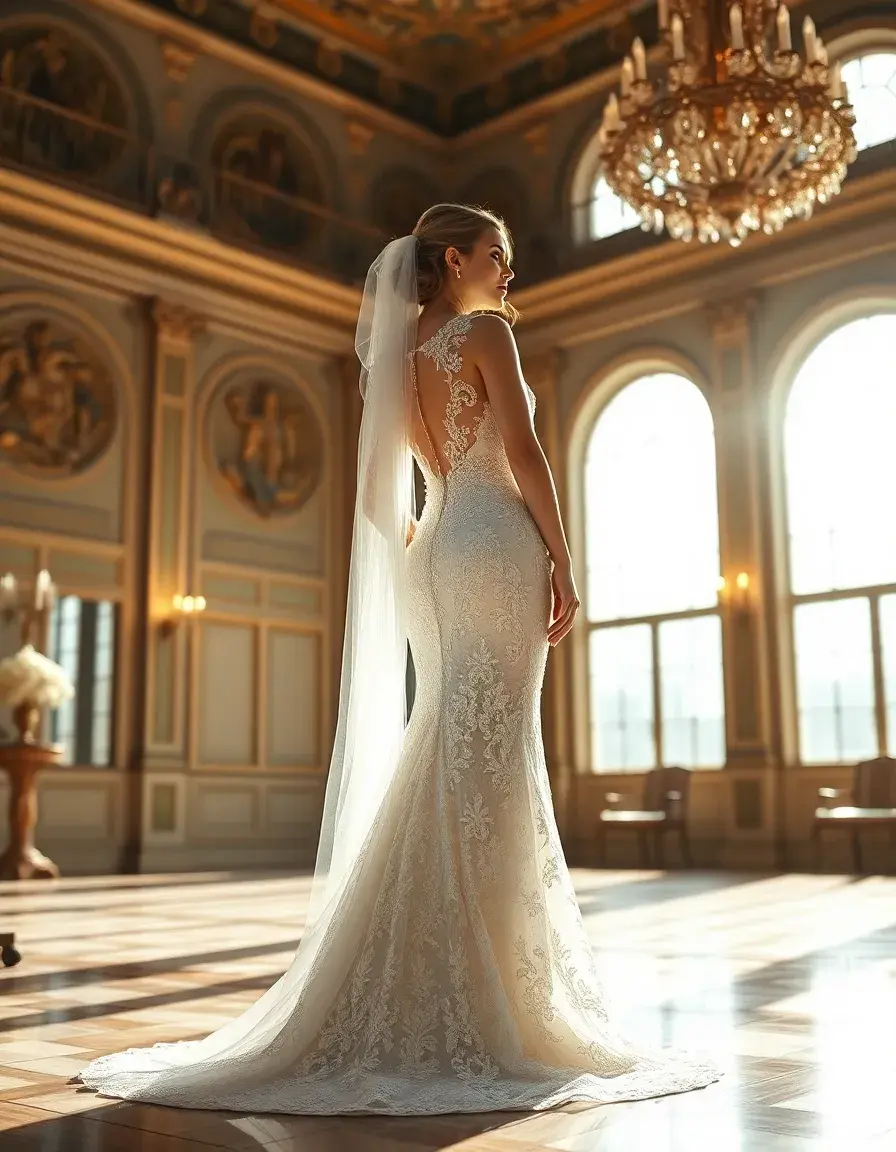Mariée portant une robe mariée sirène en dentelle dans un salon luxueux