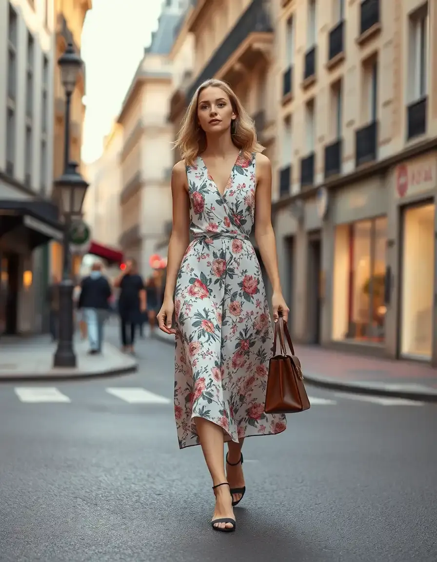 Femme élégante portant une robe mi-longue fleurie dans une rue ensoleillée