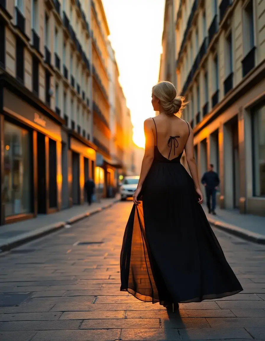 Femme élégante en robe noire longue marchant dans une rue chic