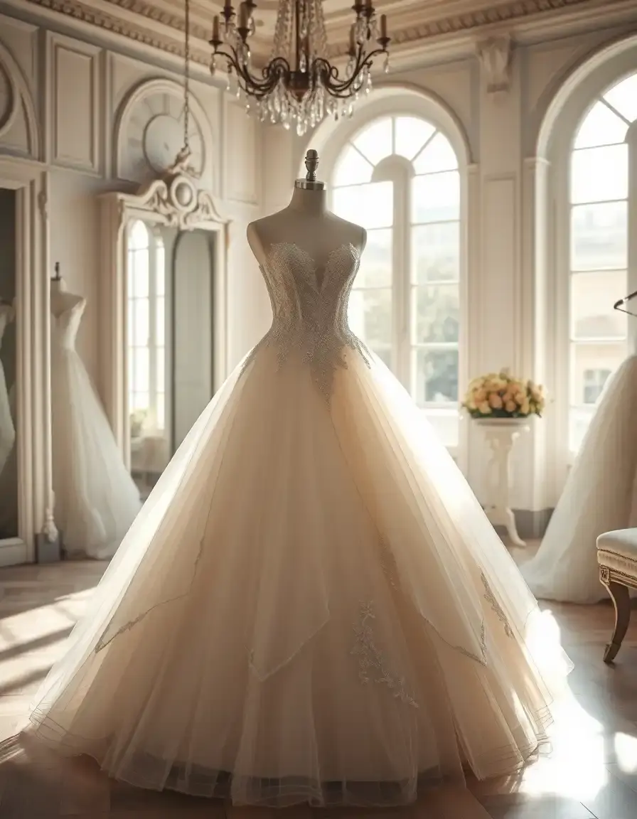 Robe pour mariage princesse élégante en tulle et dentelle dans une boutique
