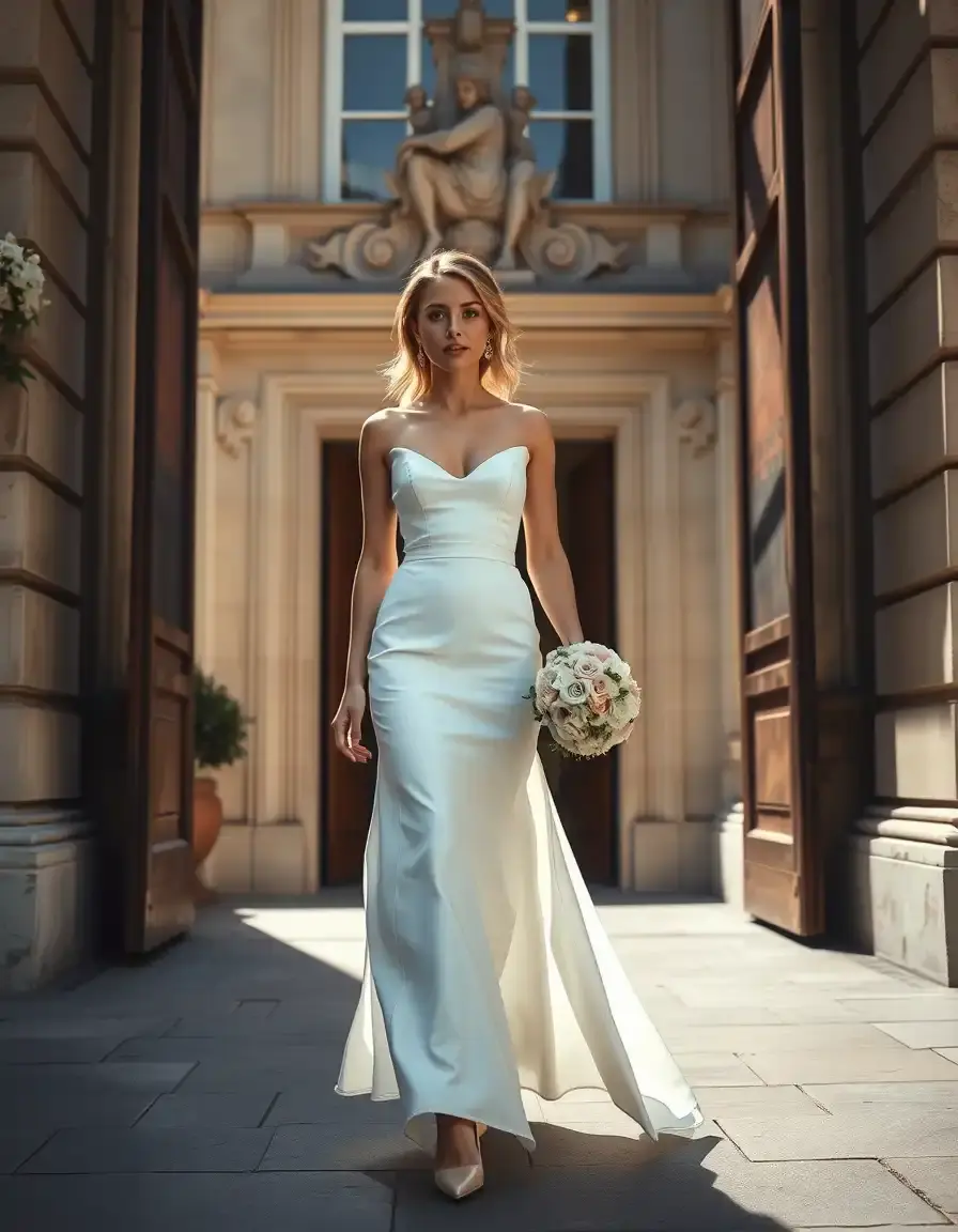 Femme élégante portant une robe mariage civil moderne devant une mairie