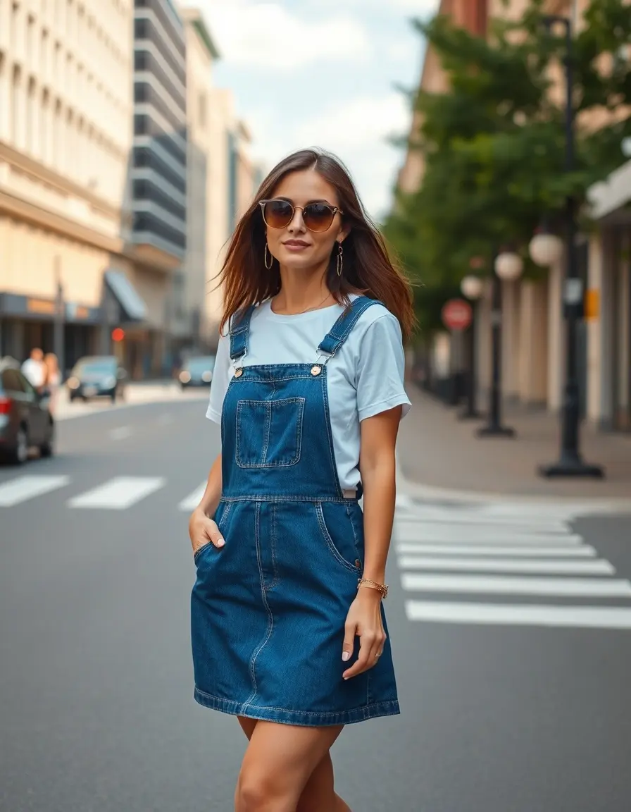Femme stylée portant une robe salopette en jean moderne dans une rue ensoleillée